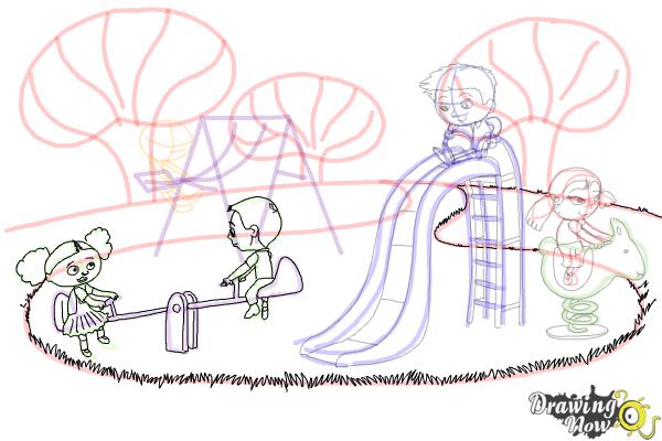 How to Draw Kids Playing In a Playground - Step 11