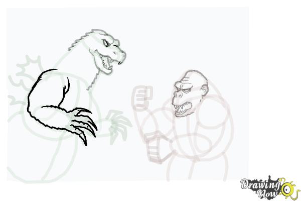 How to Draw King Kong Fighting Godzilla - Step 15
