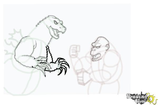 How to Draw King Kong Fighting Godzilla - Step 16