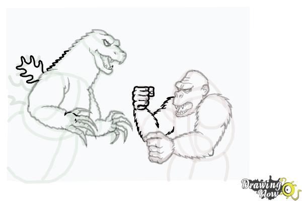 How to Draw King Kong Fighting Godzilla - Step 18