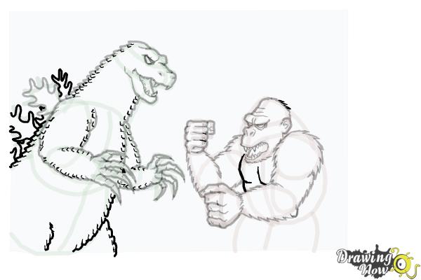 How to Draw King Kong Fighting Godzilla - Step 19