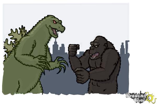 How to Draw King Kong Fighting Godzilla - Step 21